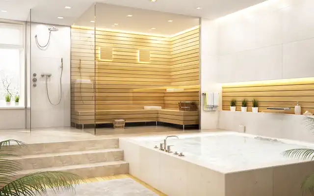 Sauna and hot tub in bathroom